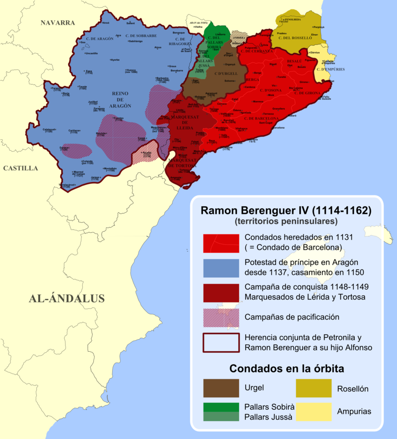 Domaines d'Aragon et de Barcelone réunis par le mariage de Pétronille et Raimond-Bérenger IV.